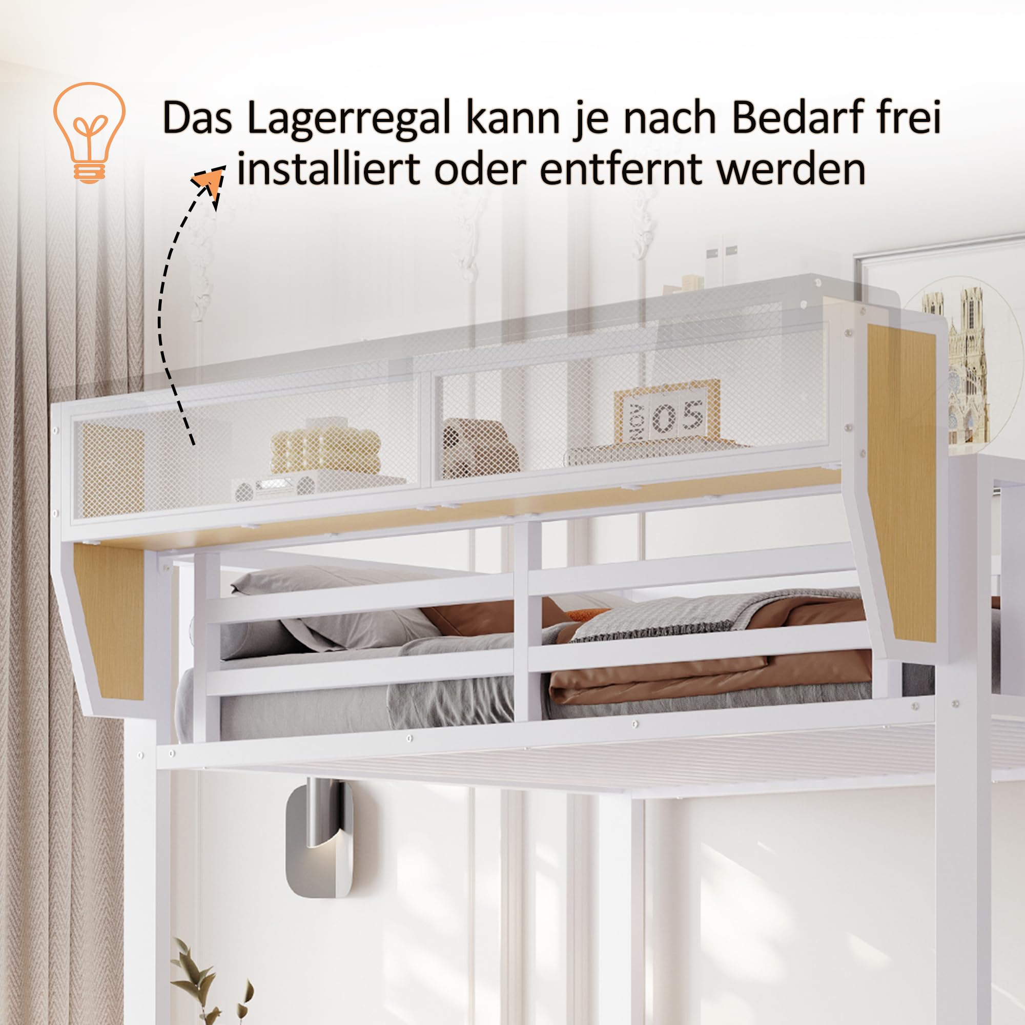 Dolamaní Letto a soppalco 90 × 200 cm in metallo con scala di sicurezza e armadio, altezza 191 cm letto con ripiani in rete rimovibili, illuminazione a LED, scrivania (bianco C)