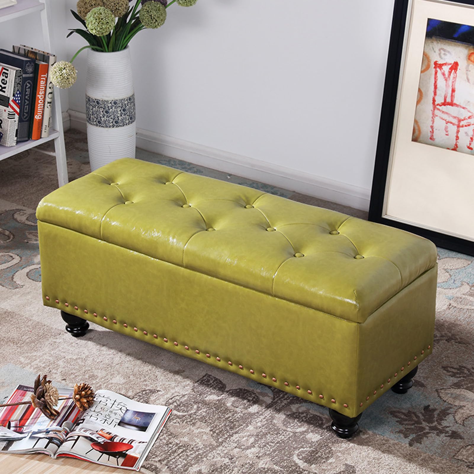 Banc de rangement ottoman en faux cuir rembourré pour bout de lit