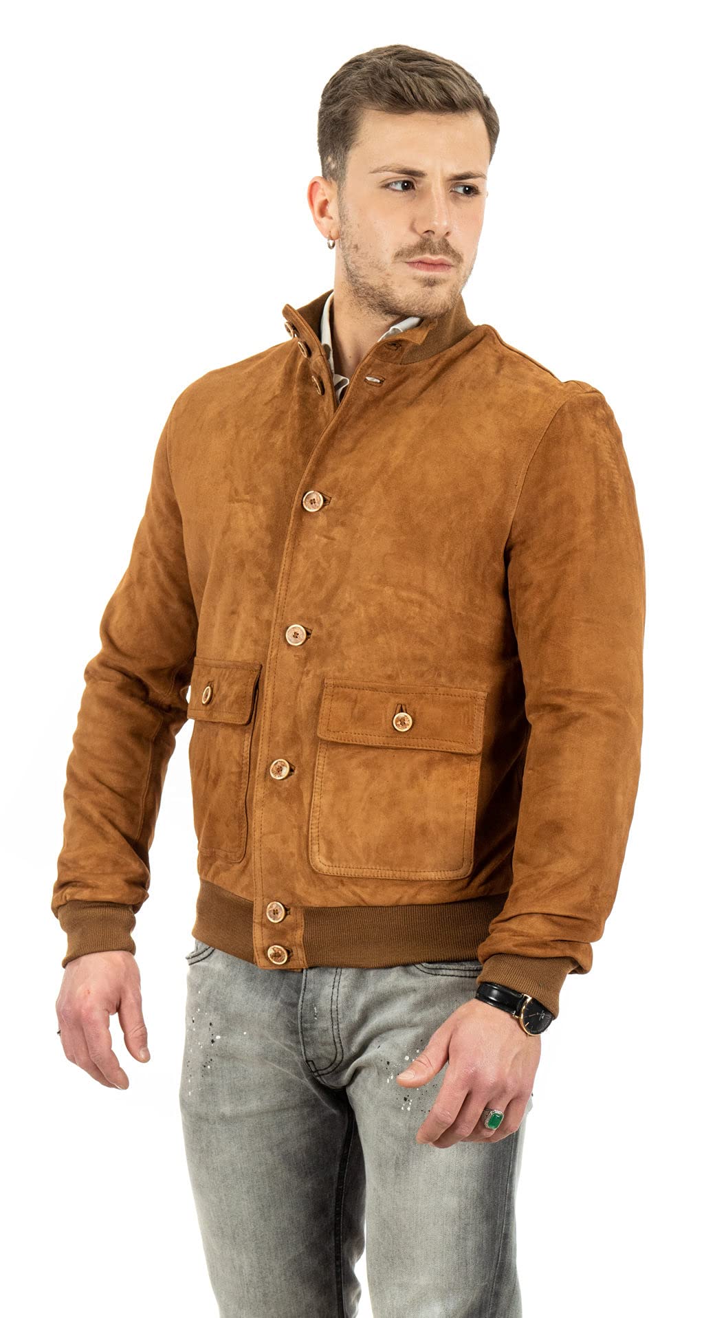 Pelletterie Borghese | Bomber in Pelle Uomo Renna Camoscio Scamosciato | Vera Pelle | Giacca in Pelle | Primavera | Giubbotto | Giubbino | Made in Italy | POLO