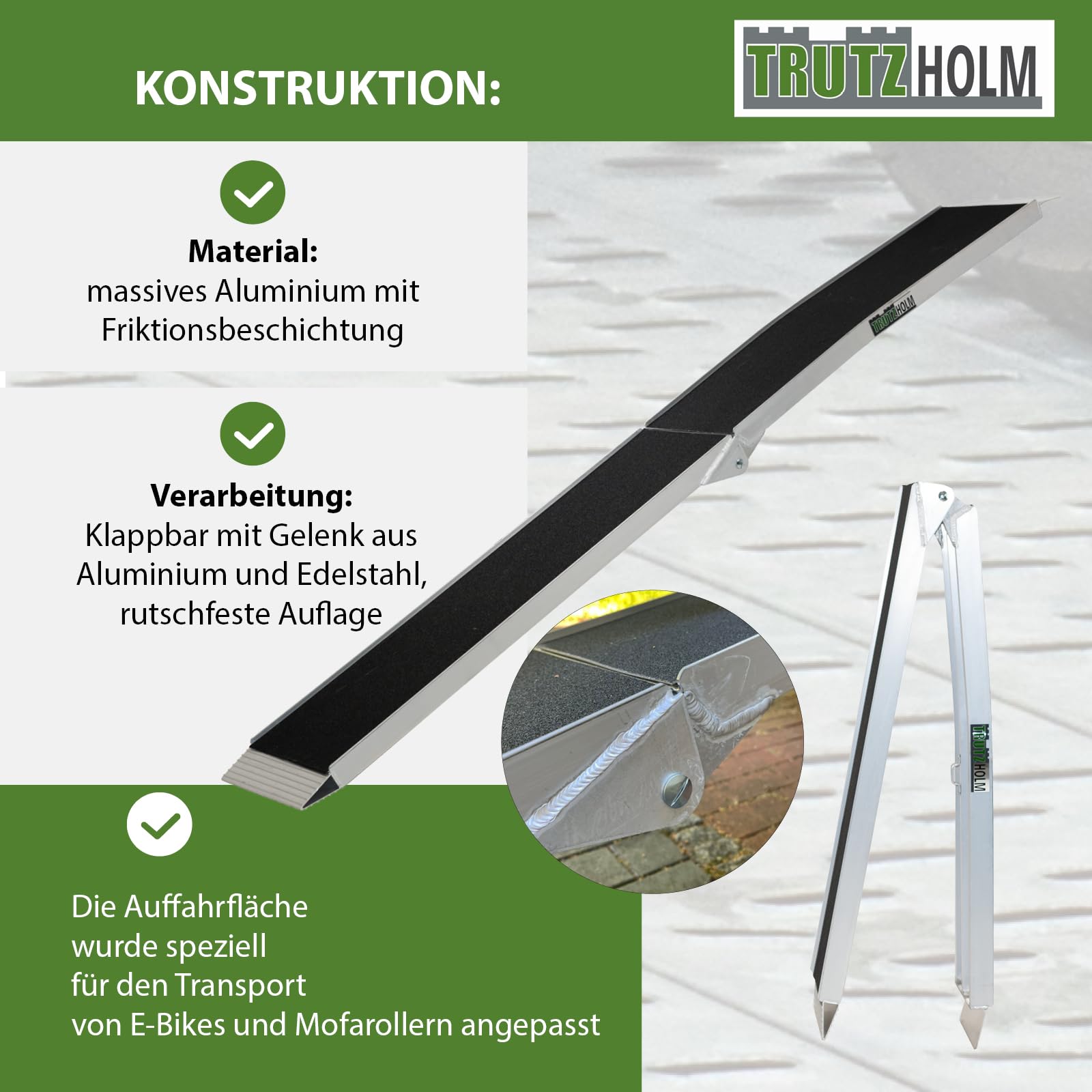 TRUTZHOLM 1x Auffahrrampe klappbar 228 cm 340 kg Traglast Aluminium Rampe mit Friktionsbeschichtung Anti Rutsch Motorradrampe Fahrradrampe E-Bike Rampe inkl. Spanngurt
