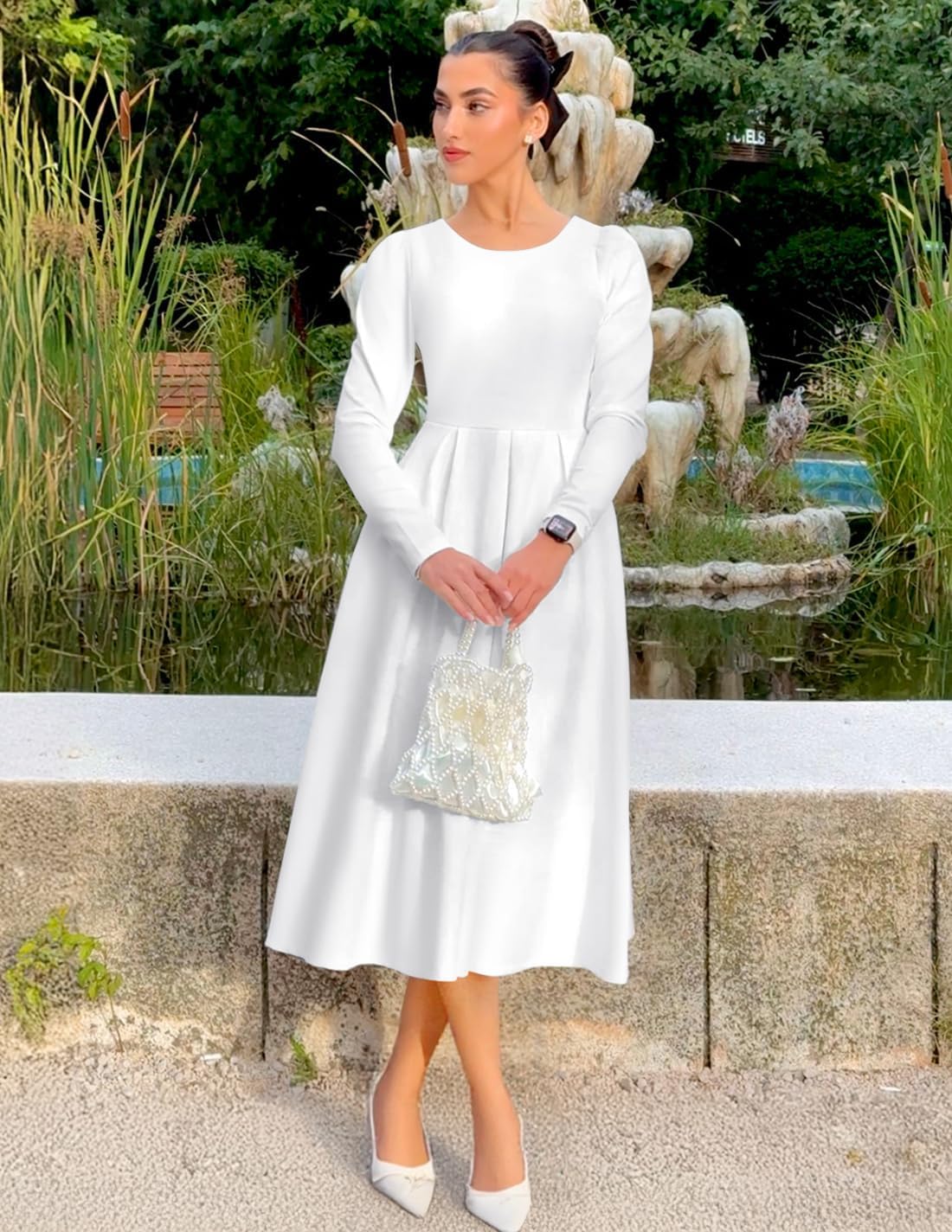 ZESICA Women's Long Sleeve Midi Dresses 2026 Spring Elegant Crewneck Swing A Line Wedding Guest Party Dress with Pockets - Image 7