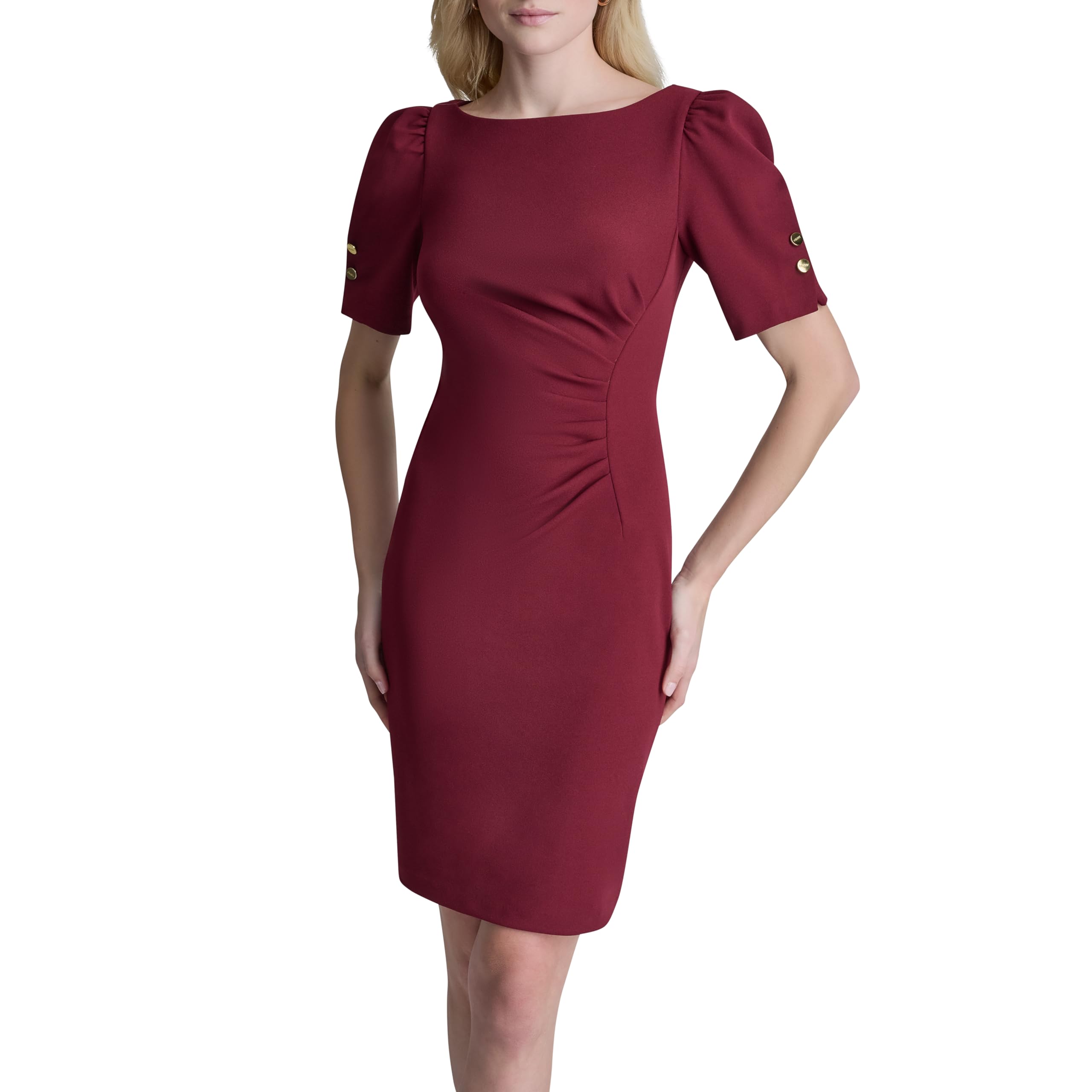 DKNY Women's Short Sleeve Ruched Knee Length Sheath Dress with Button Detail