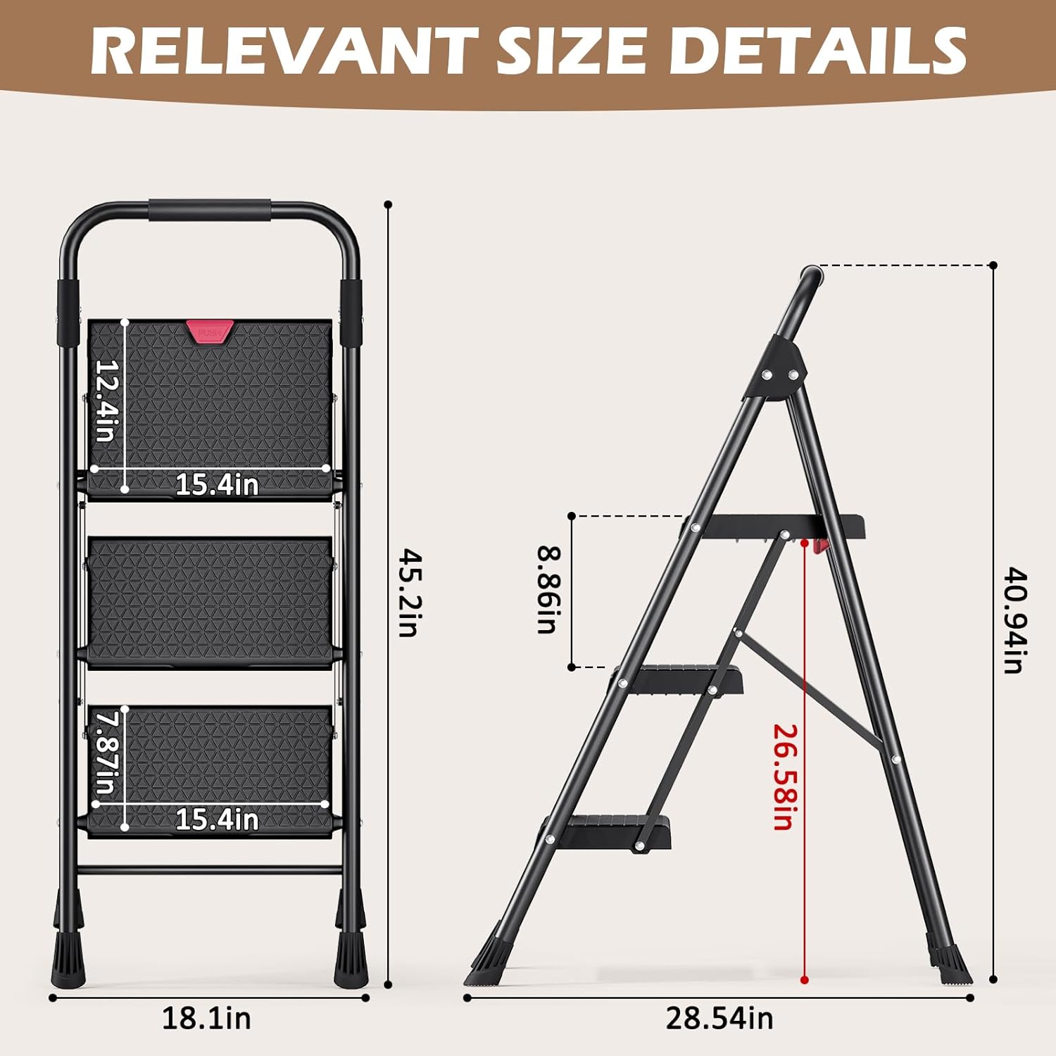Image showing the open and folded dimensions of the KINGRACK 3-Step Ladder