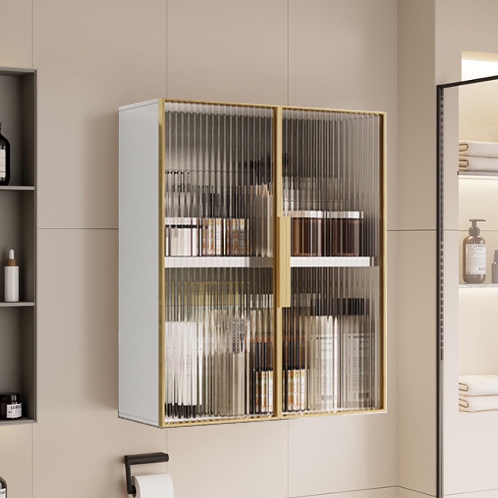 Wall Mounted Aluminum Bathroom & Kitchen Sto Cabinet Over The Toilet Metal Versatile Mcine Cabinet & Makeup Shelf For Efficient Space Saving Soluts,White+Gold-60*15*50Cm/,White+gold-60*15*50cm/23.6*5