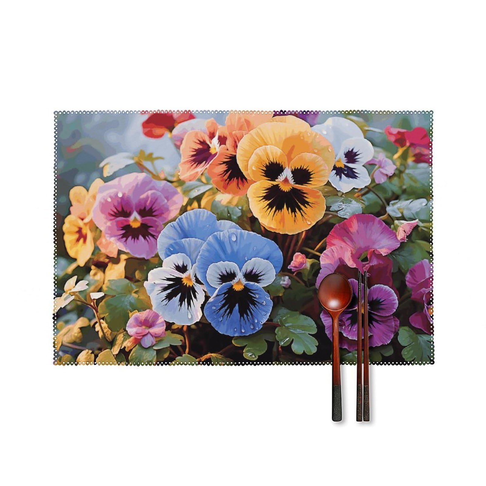 Pansy Flowers Placemats Set of 6, 12x18 Inch Heat Resistant Washable Canvas Table Mats, Stain Resistant Decorative Dining Placemats for Kitchen, Restaurant, Outdoor Party