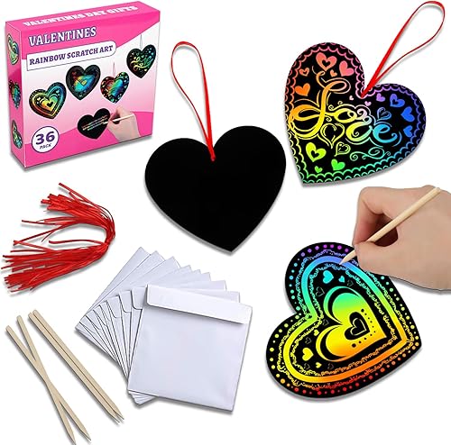 MDCGFOD Paquete de 36 regalos para el día de San Valentín para niños, cuna de corazón para arañar arco iris, manualidades de San Valentín para