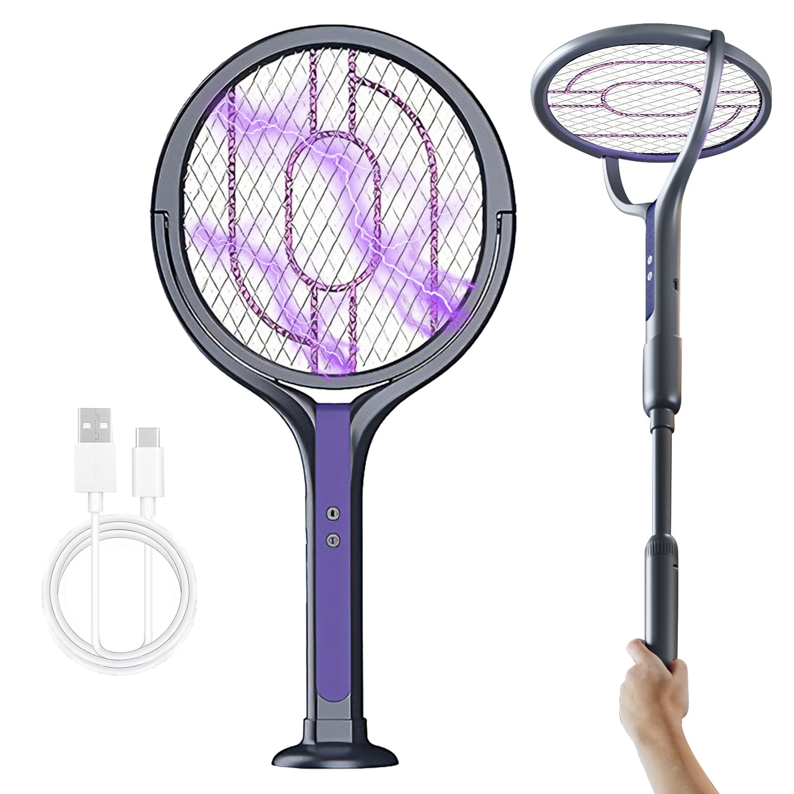 Tapette à Mouches électrique, Tête Rotative Rechargeable, Piège à Mouches électrique avec Rallonge Télescopique Répulsif anti-Moustiques 2 en 1, Tapette à Mouches Rechargeable USB pour Chambre Cuisine