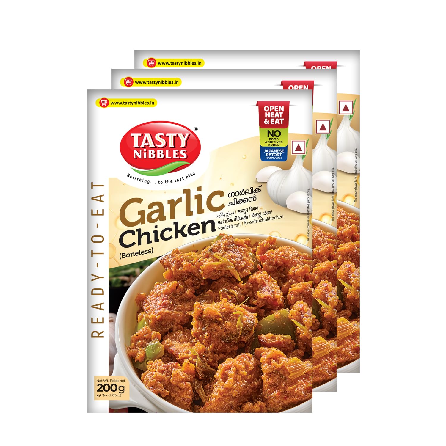 Tasty Nibbles Ready to Eat Garlic Chicken 200g [Pack of 3]| Open Heat & Eat | Non-Vegetarian | No Added Preservatives | Japanese Retort Technology
