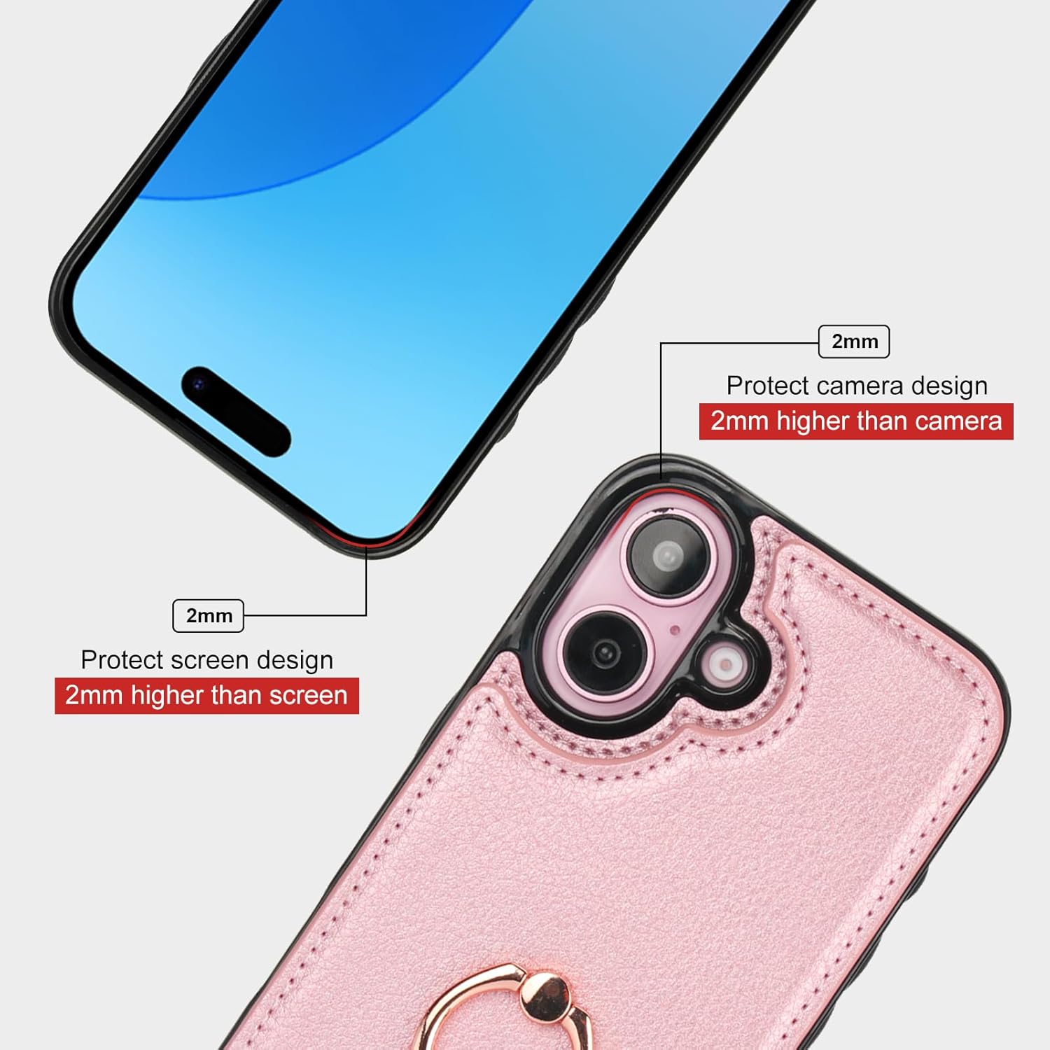 Folosu Compatible with iPhone 16 Case Wallet with Card Holder, 360°Rotation Finger Ring Holder Kickstand, RFID Blocking Leather Protective Double Buttons Shockproof Cover 6.1 Inch Rose Gold - Image 8