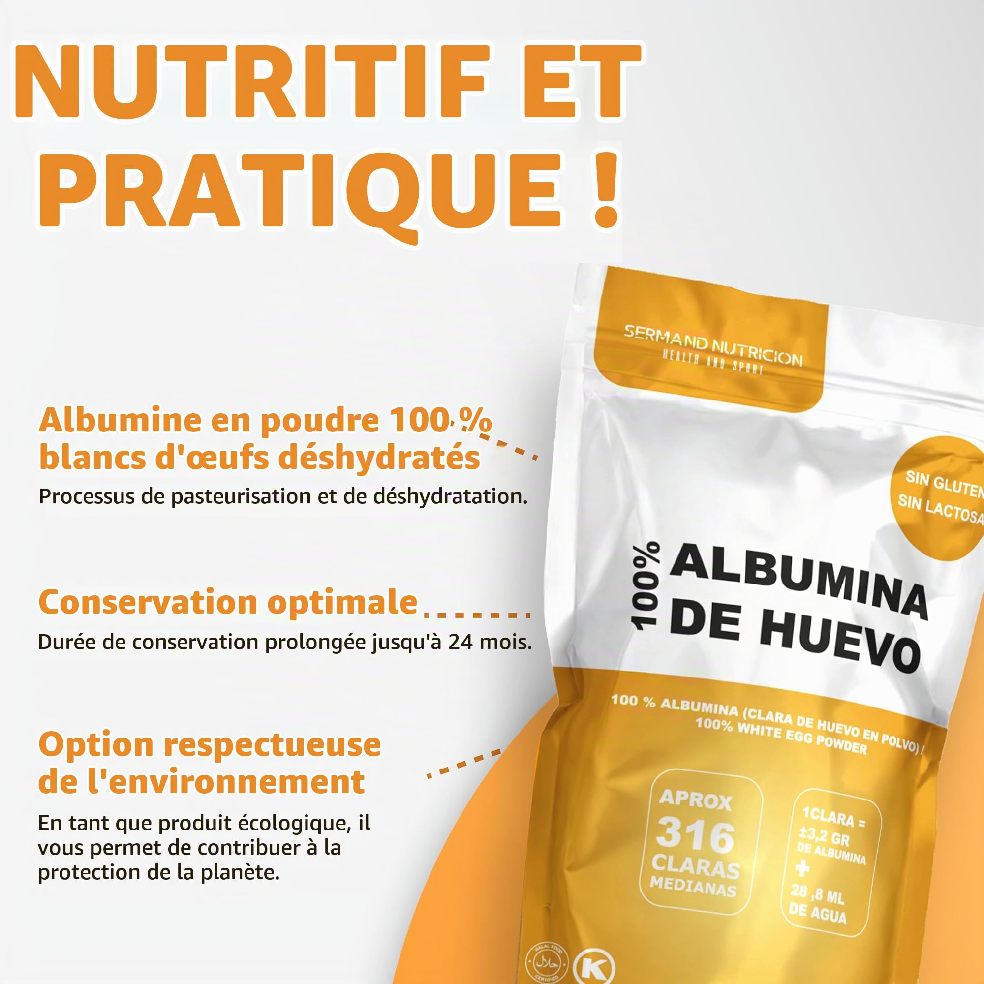 Blanc d'Œuf en Poudre pour Meringue (1Kg) | Œufs Pasteurisés | Œufs Déshydratés | Produits Sans Lactose | Sans Gluten | Présentation en Sachet Zip