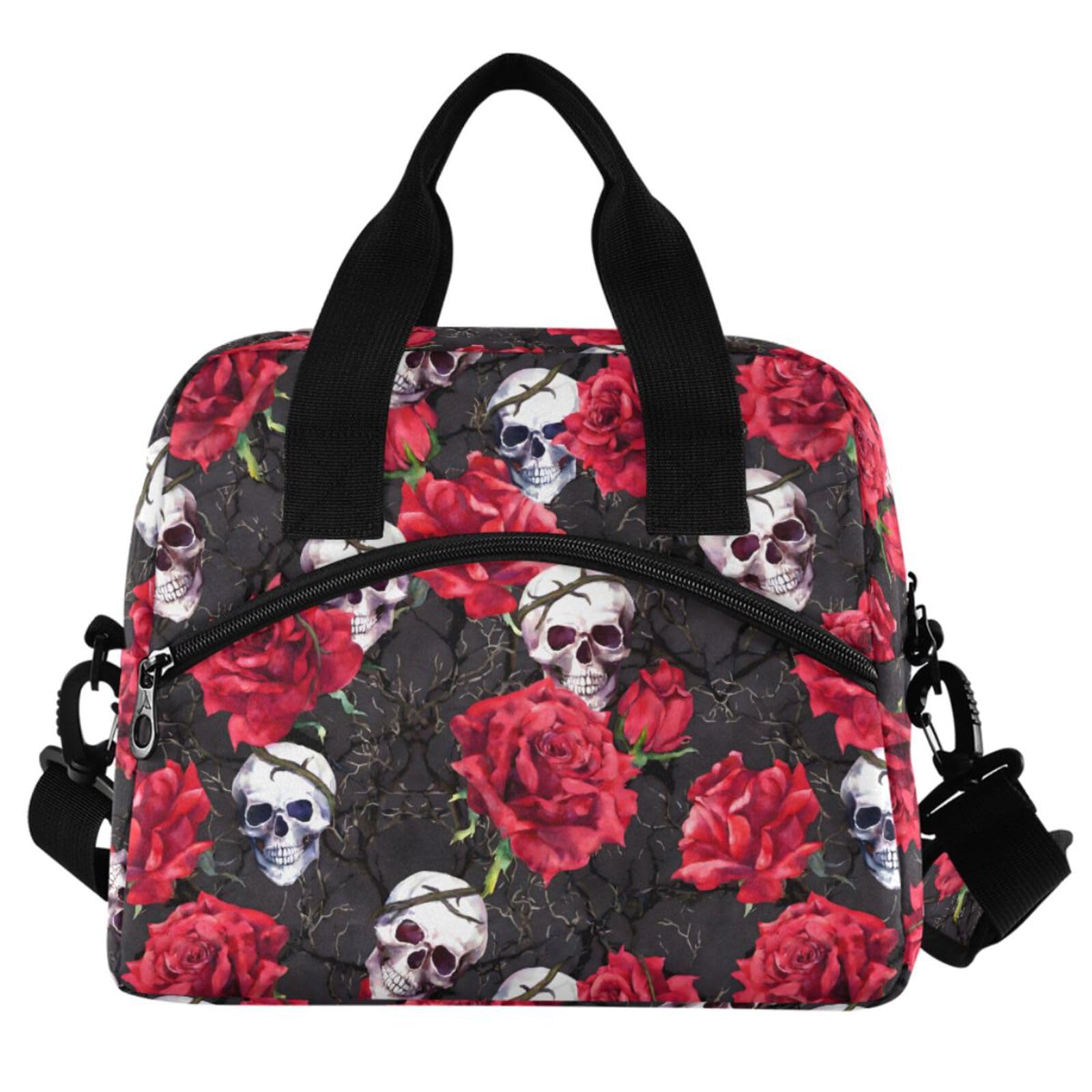 MNSRUU Sac à déjeuner isotherme réutilisable avec bandoulière réglable Motif crânes et roses