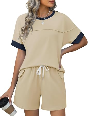Rapbin Comfy Summer Sets with Pockets Loose Fit Color Block Design Matching 2 Piece Sets with Drawstring Waist