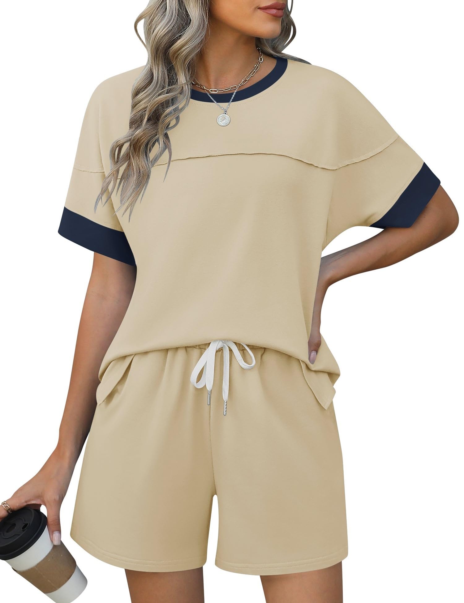 Rapbin Comfy Summer Sets with Pockets Loose Fit Color Block Design Matching 2 Piece Sets with Drawstring Waist