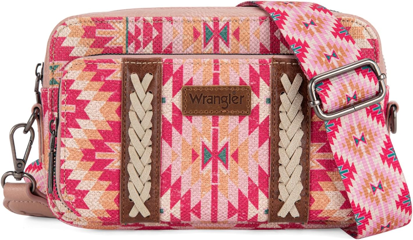 Wrangler Crossbody Bag for Women Boho Aztec Small Multi Pocket Crossover Purse