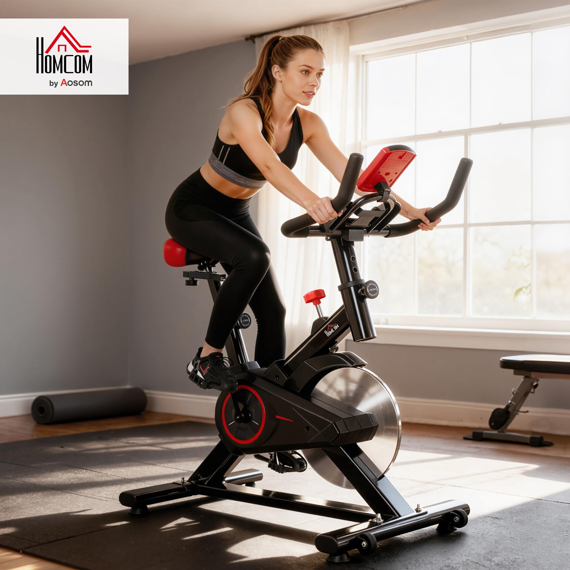 HOMCOM Cyclette da Casa con Resistenza Regolabile, Cyclette Professionale da Camera con Sella e Manubrio Regolabile, Monitor LCD, Sensore Battito Cardiaco Porta Celullare e Volano 6kg, Max.100kg