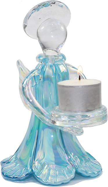 Fitting Gifts Imports Tall Glass Angel Tealight Holder with Pearlescent Finish in Aqua Blue