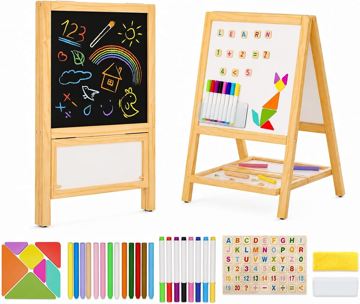Kids Easel Wooden Art Easel for Kids, Tabletop Magnetic Drawing Board with Dual Chalkboard & Whiteboard, Foldable No-Assembly Design, Art Set with 54 Magnetic Letters & Numbers and Dustless Chalk