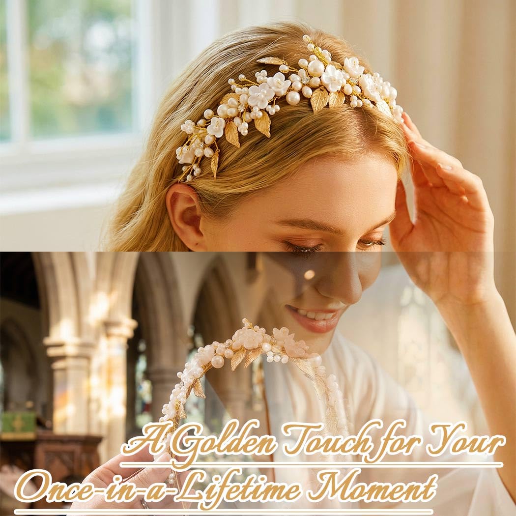 Amazon.com : Brishow Flower Wedding Headband Gold Leaf Hair  display picture 1