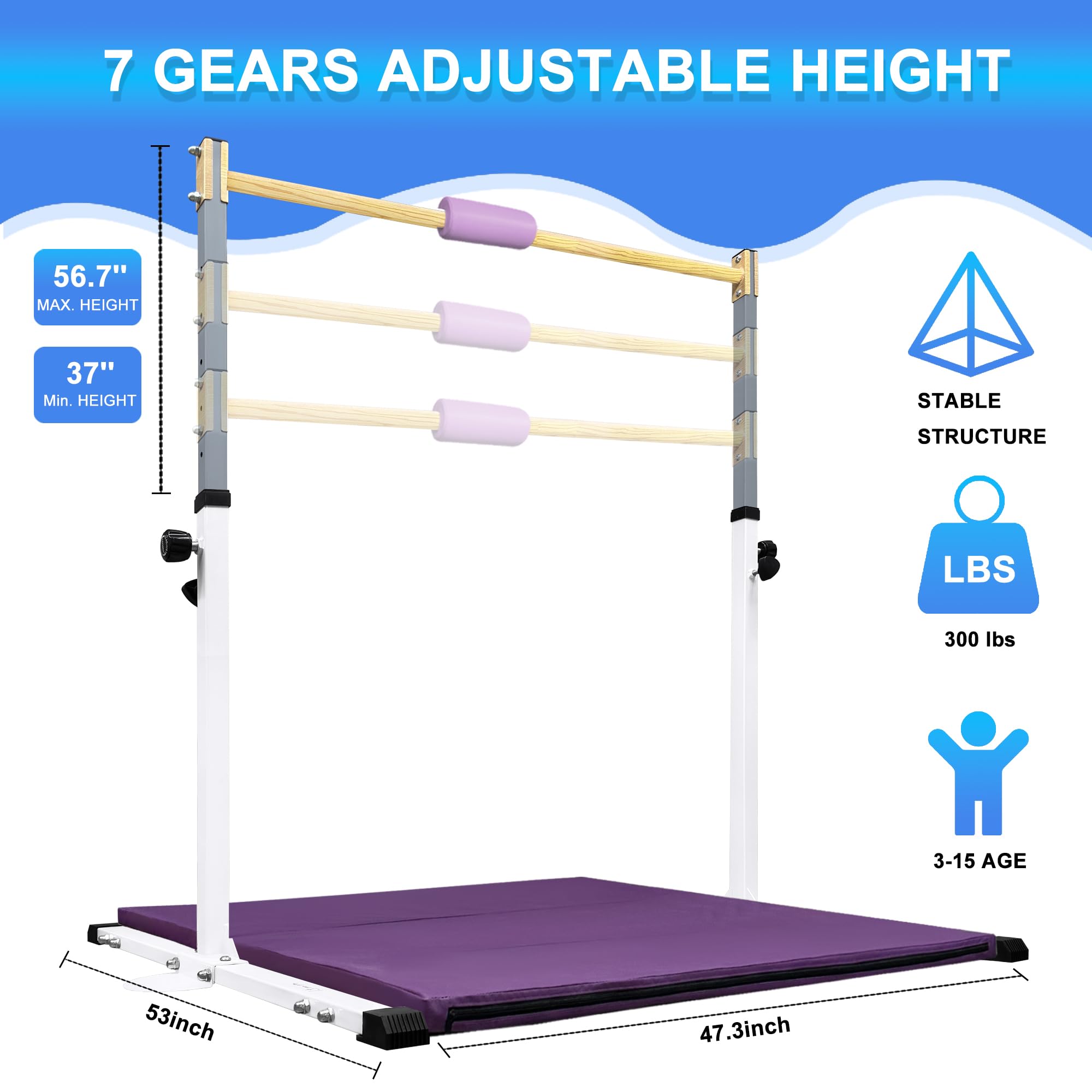 JOYSFIT Adjustable Gymnastics Bar for Kids with Mat - Sturdy Kip Bar with Rings, Horizontal Bar for Home Training, 3'-5' Height, Ages 3-15, 250 LBS Capacity, Easy Assembly.