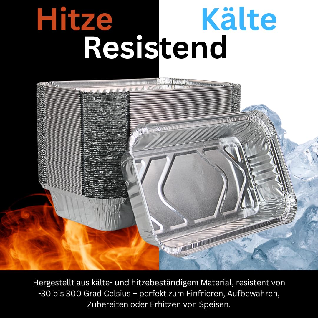 Enpack Aluschale R65-650L - 100 Stück mit Deckel Aluschalen Grill 20x10,5x5 cm - Wärmebehälter- Fettauffangschale als Grill Zubehör, Food Container, kleine Auflaufform - feuerfeste Alu Grillschale