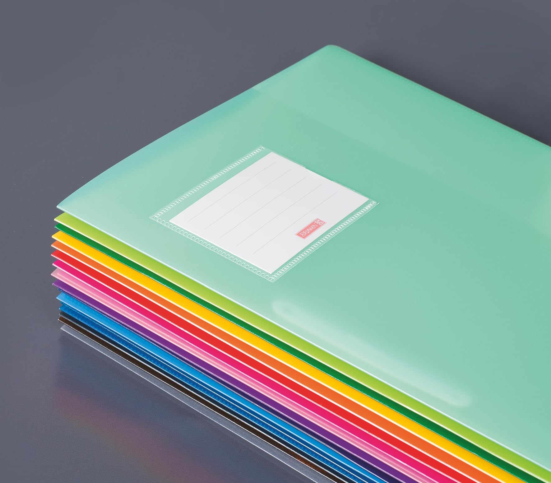 Brunnen | 12 Schnellhefter FACT!pp (A4, aus transluzentem PP, mit Namensschild, mit Einstecktasche innen) (12 Farben)