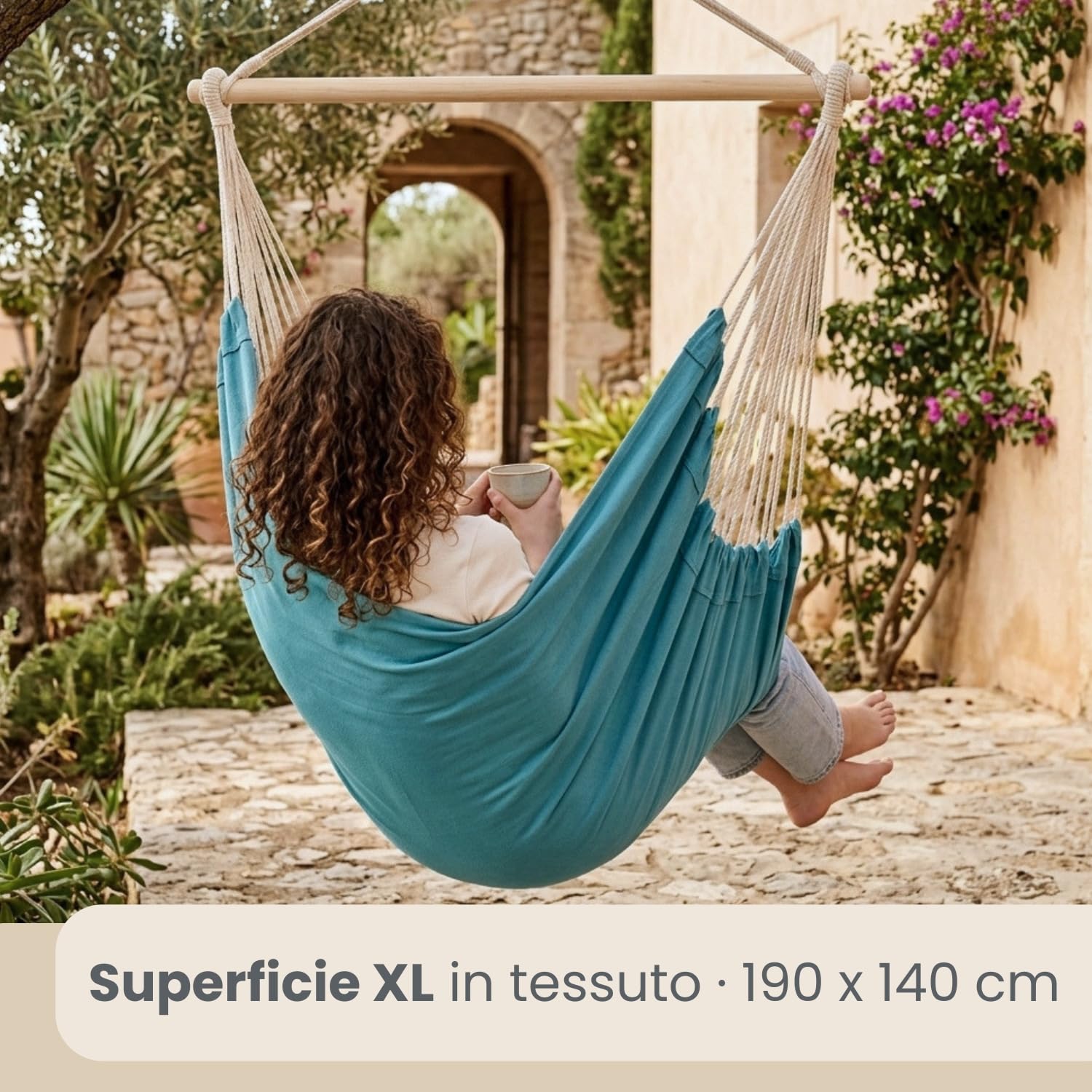 Amaca XXL per Tutta la Famiglia | Dondolo Peso Massimo supportato 150 kg | Sedile sospeso di Tela 190x140cm | Dondolarsi 100% Cotone | Amaca incl. moschettoni | per la Siesta | Blu Mare