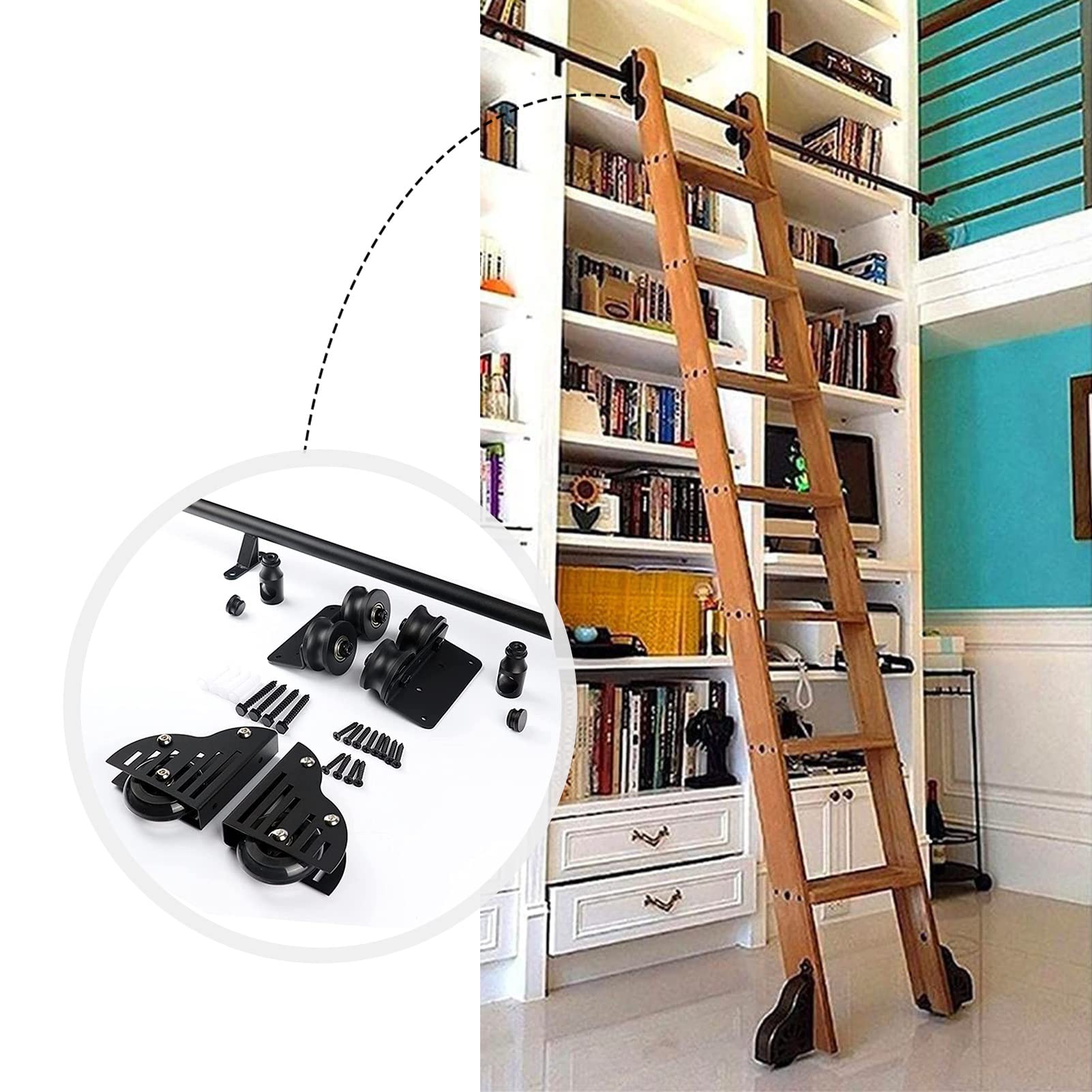 Kit de porte de grange coulissante et rail à tube rond extensible pour échelle de meuble