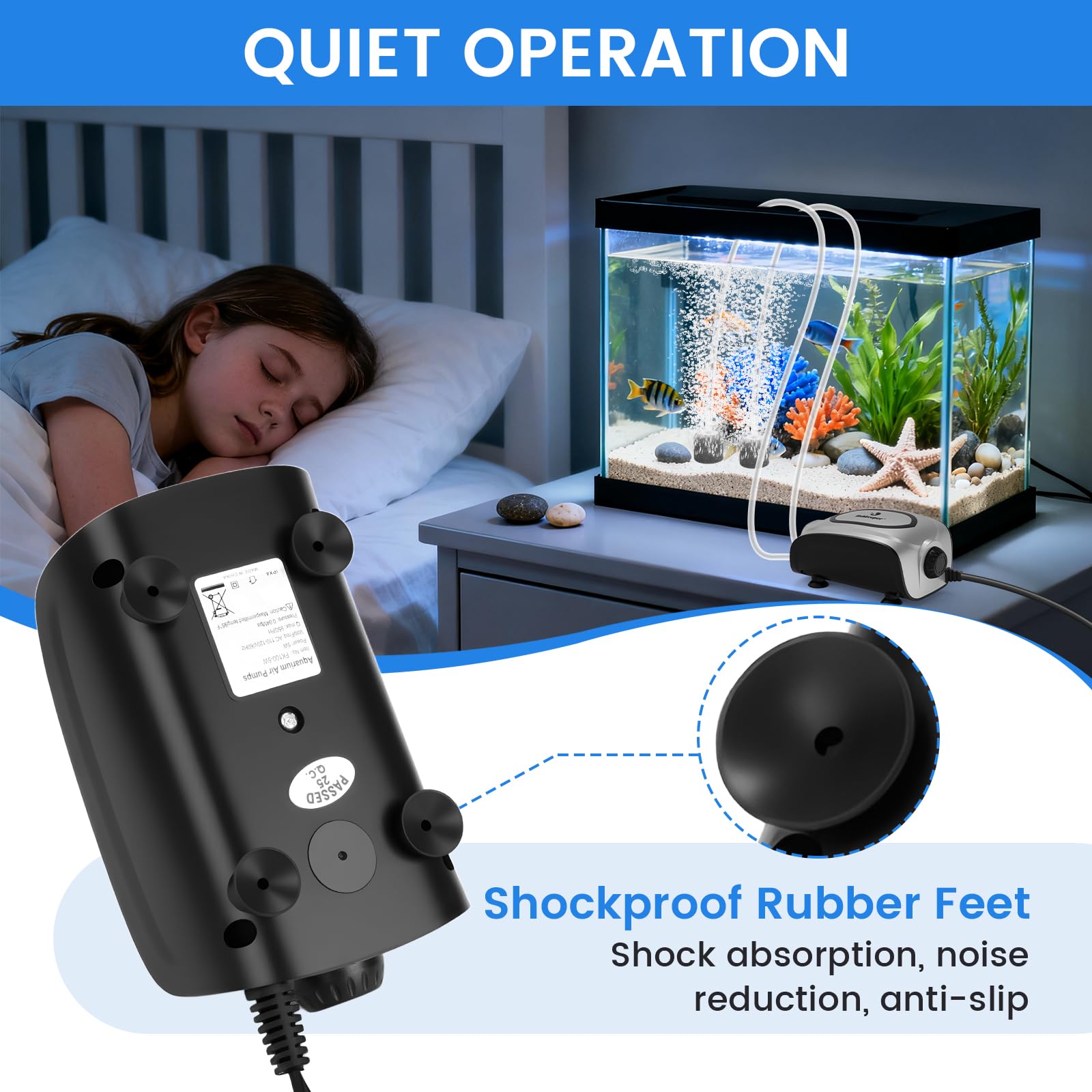 fishkeeper Pompe à air silencieuse pour aquarium 3 W/5 W, compacte et puissante à double sortie avec débit d'air réglable, kit de diffuseur d'air pour aquariums de 1 à 600 l (gris argenté, nouveau