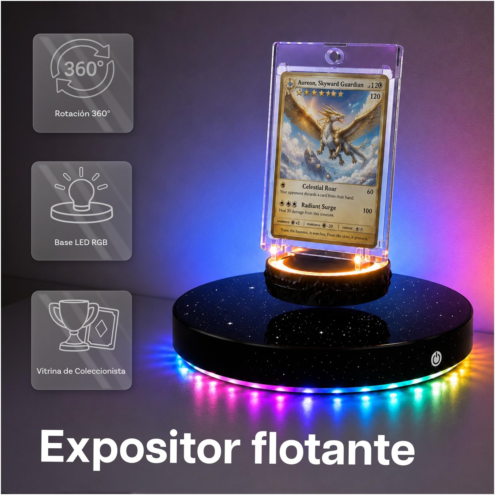 MMOBIEL Soporte de Exhibición con Levitación Magnética Flotante Giratoria 360° – Porta Tarjetas, Base LED y Adaptador – Tarjetas Coleccionables, Deportivas y Edición Limitada