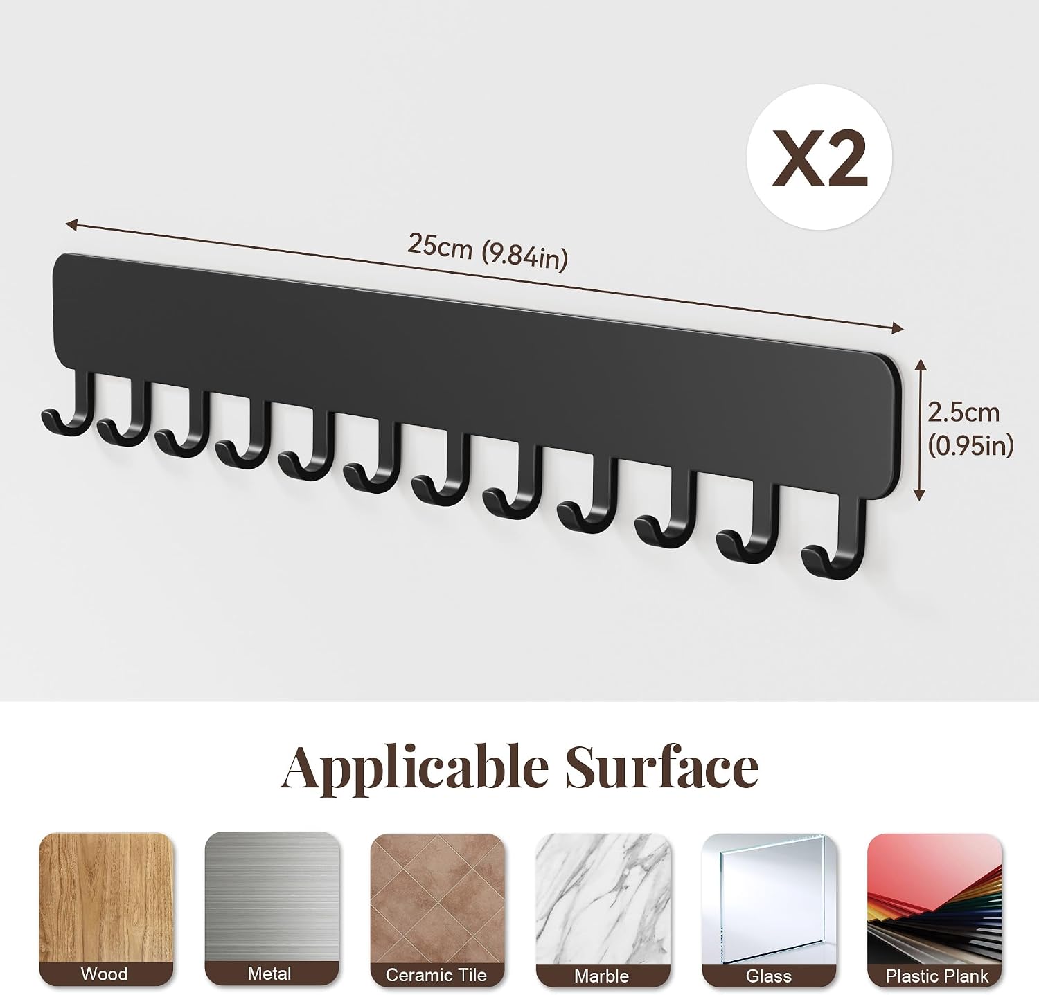 Wall-Mounted Jewelry Organizer, Self-Adhesive Hanging Holder with Hooks for Necklaces, Bracelets, Earrings - Display Storage for Women, 2PCS, Black