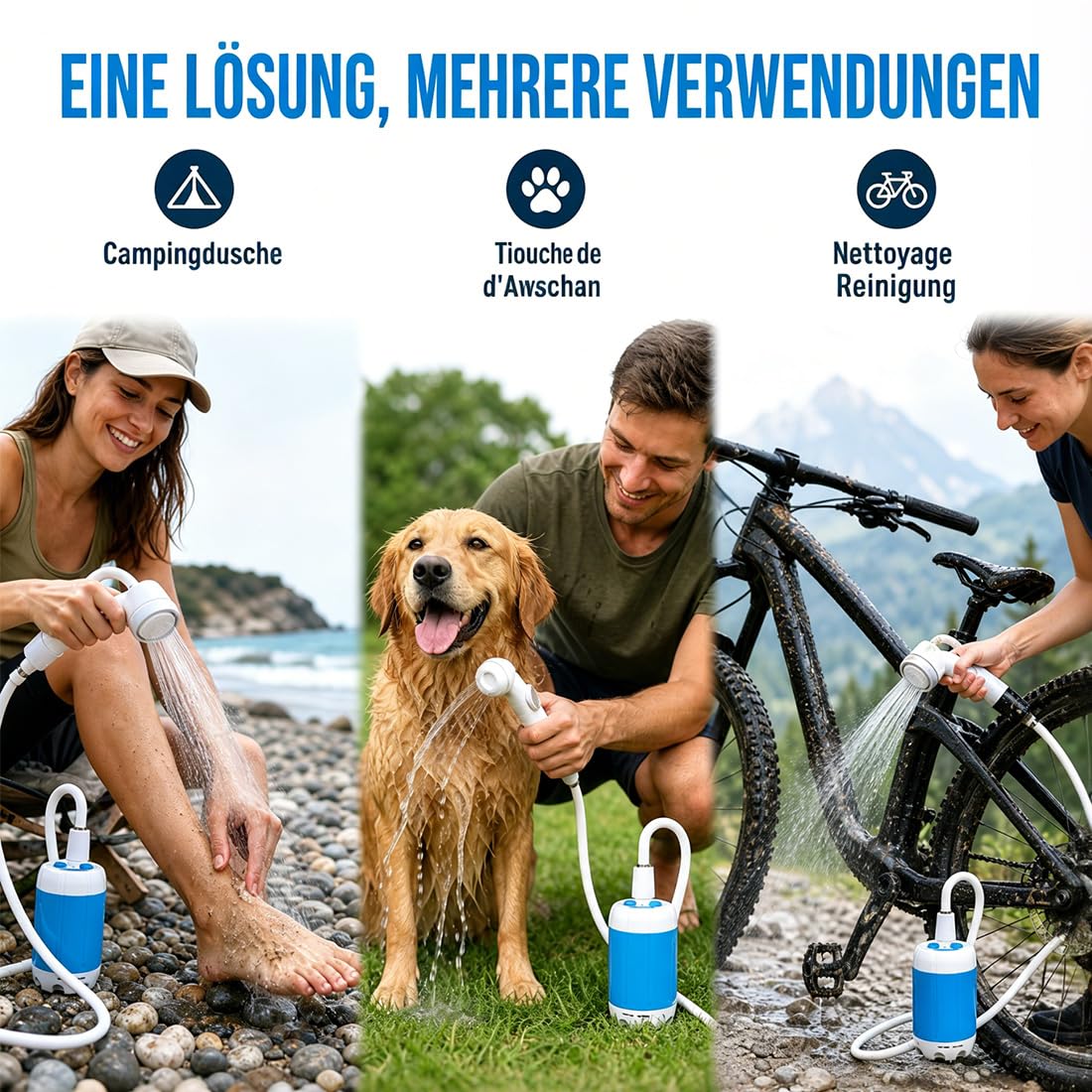 Tragbares Wasserpumpen-Set, die Mobile Dusche für Ihr Pferd — jederzeit und überall, Aufladbare Outdoor Brause für Reisen, Wandern und Tierpflege