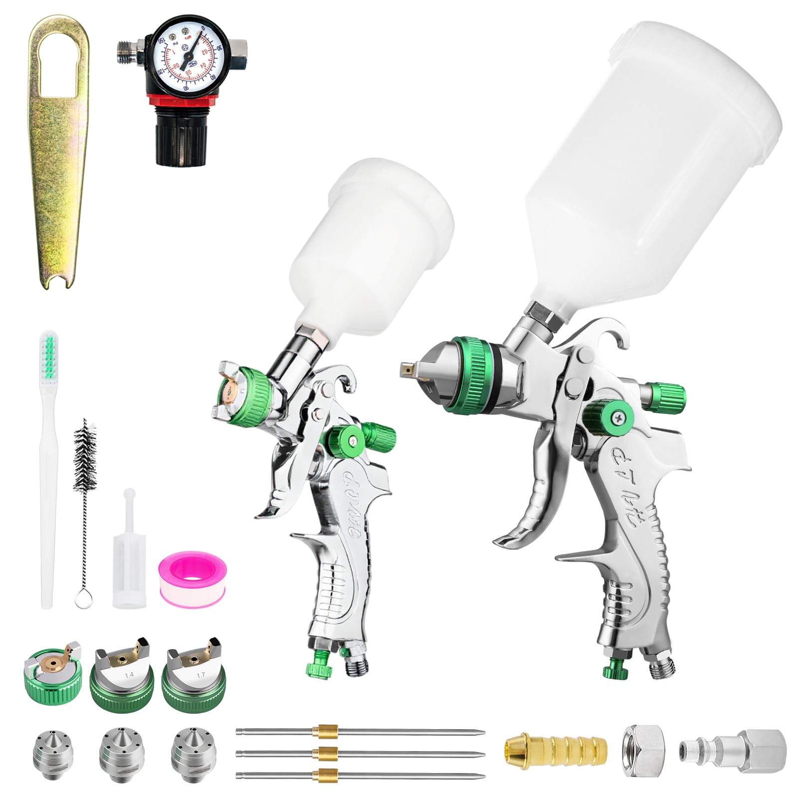 2 HVLP Pistolets de Peinture à Air Pistolets Automatiques de 1,0 mm Et 1,4/1,7 mm avec RéGulateur d'air, Pistolets de Peinture Automobile de Qualité Professionnelle pour La Peinture de Voiture