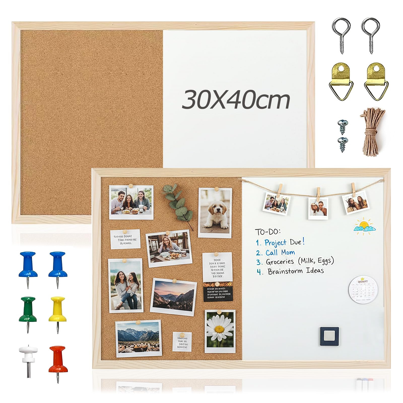 2PCS Cork Boards White Board Combo 40 x 30cm, Bulletin Board Magnetic Pinboard for Wall with Pushpins and Hanging Rings Corkboards for Home Office School