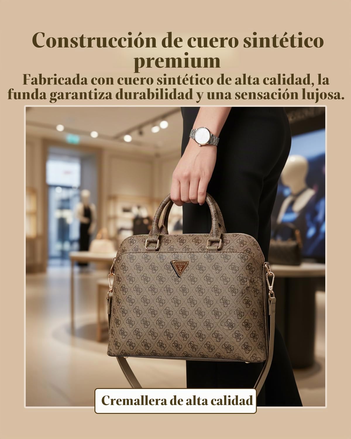 CG MOBILE Funda para portátil Guess 4G con cremallera y logotipo triángulo de 15 pulgadas (marrón)