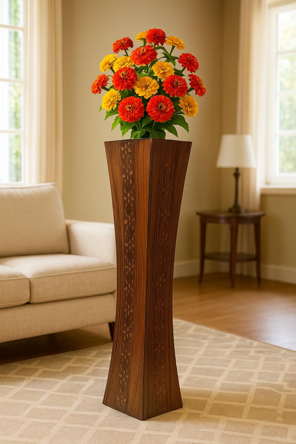AJ INTERIORS Tall Floor Vase, Brown and Gold Wood, 24 Inch Height, Carved Wood Centre, Modern Contemporary Style, Square Shape, Floor Standing, Living Room Home Decor with Floral Pattern-picture-29