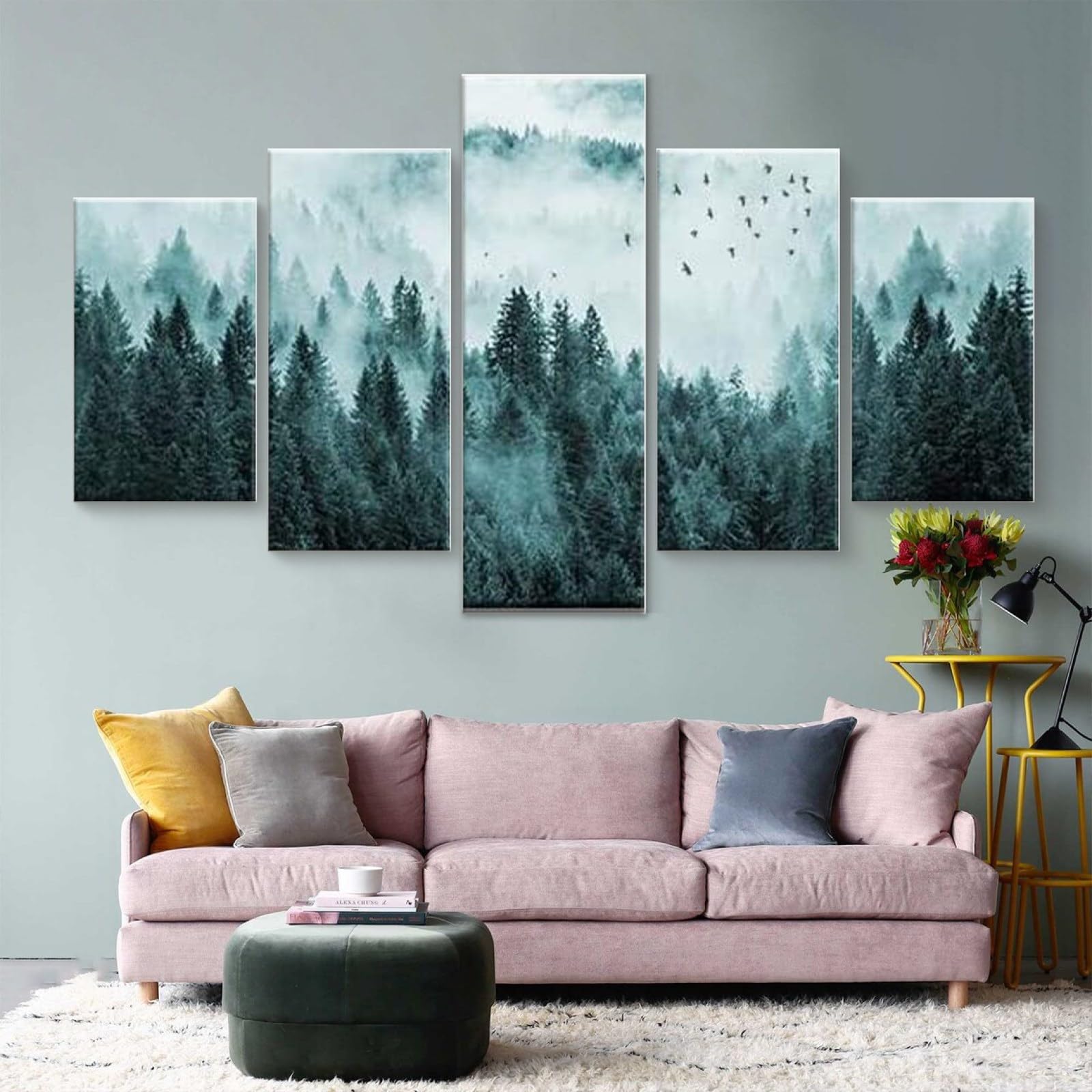 3D Wandaufkleber Kunst Malerei,moderne bilder wohnzimmer mit rahmen,kunstdruck auf leinwand,xxl bilder auf leinwand Bewaldeter Nebelkiefernwald am Berghang,leinwanddrucke 5 stück leinwand 150x80cm