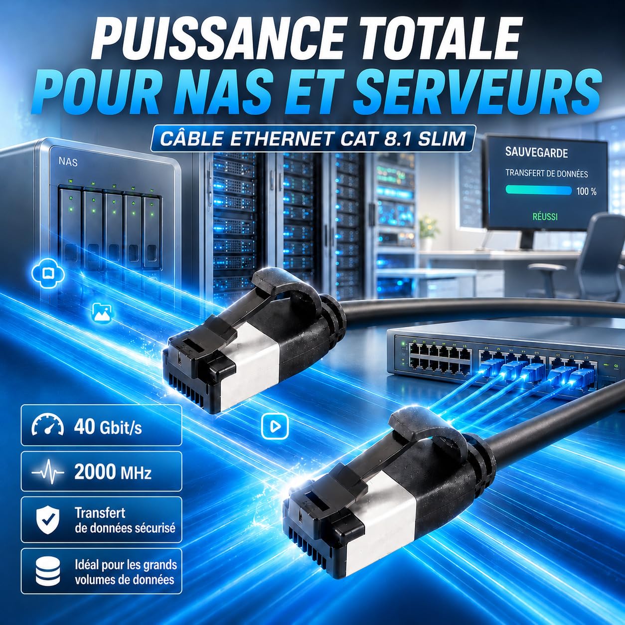 Câble réseau Cat 8.1 Lan de 2 m (lot de 10) Câble Ethernet Cat 8 avec prise RJ45 fin et fin avec taux de transfert de 40 Gbit/s Noir 2,0 mètres