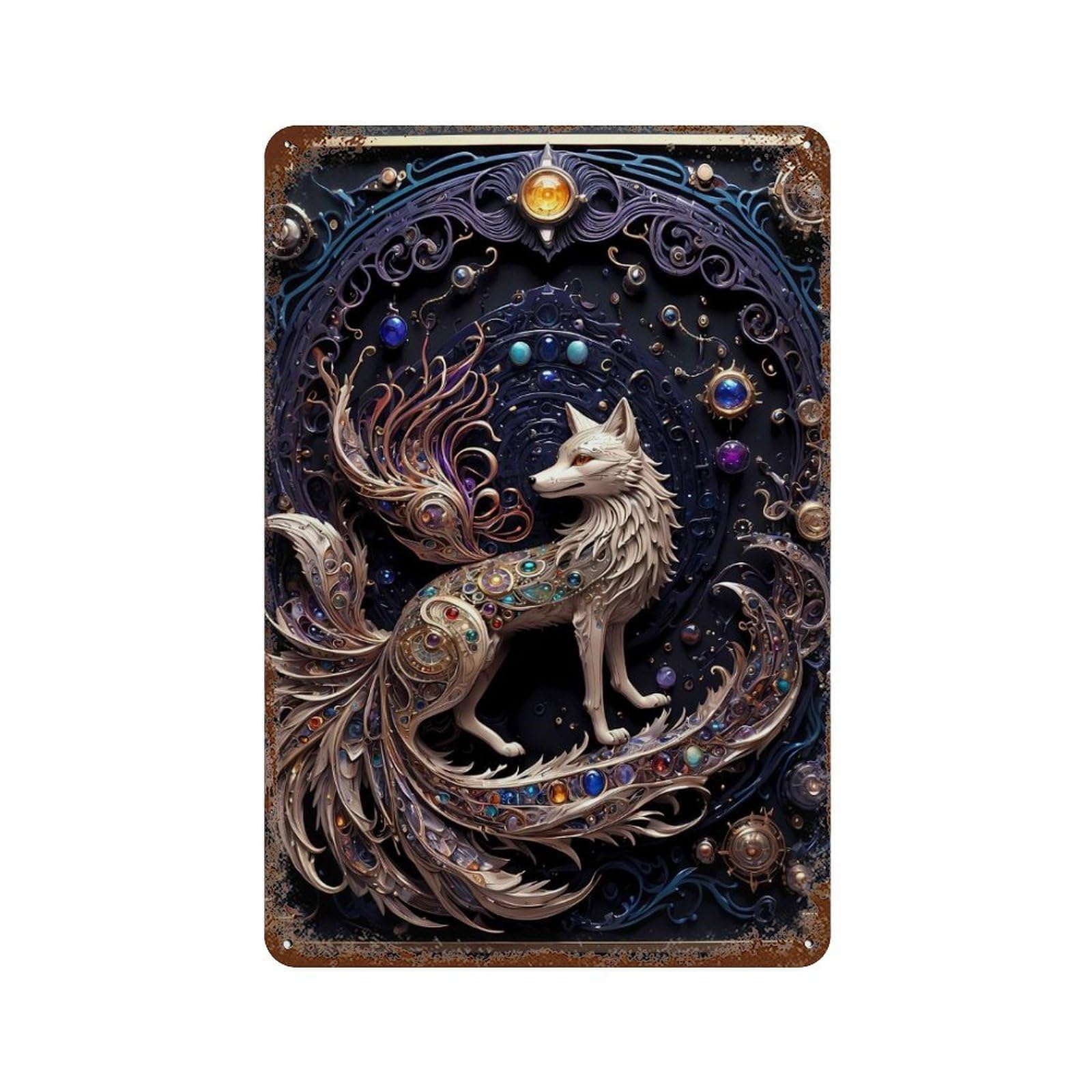Rust Effect Mythological Fox Art Deco Rusty Metal Tin Sign 11.8"x7.9", Industrial Home Decor for Living Room, Hallway And Home Decor