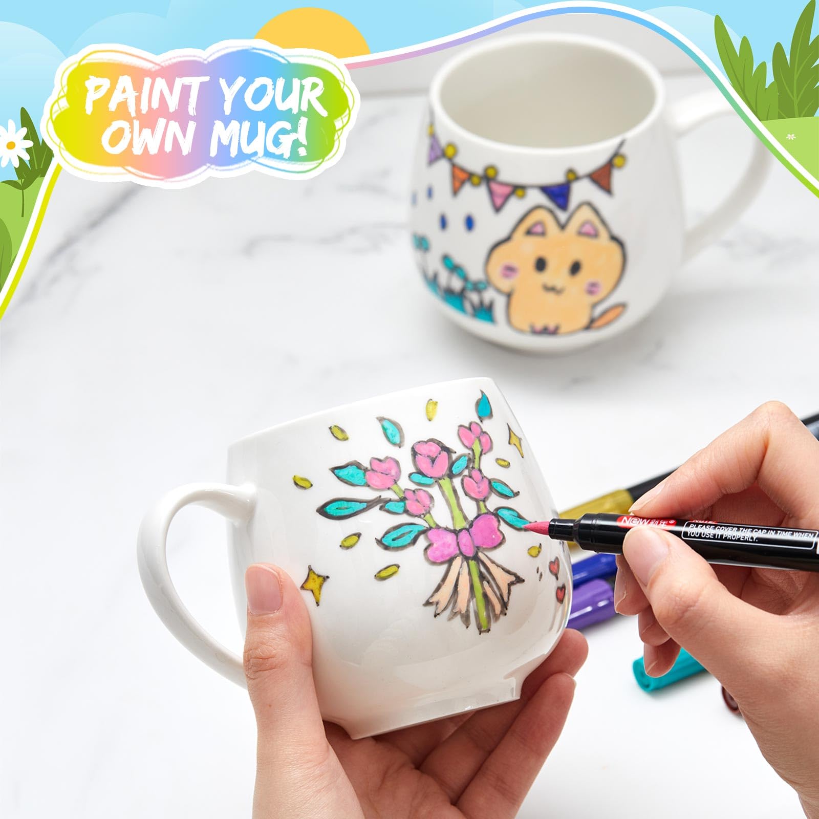 Geiserailie 4 Tazze Fai da te Verniciabili Kit 4 Tazze in Ceramica Vuote per Sublimazione 12 Pennarelli con 24 Colori Regalo Compleanno Natale Anniversario Festa della Mamma Pasqua(Elegante)