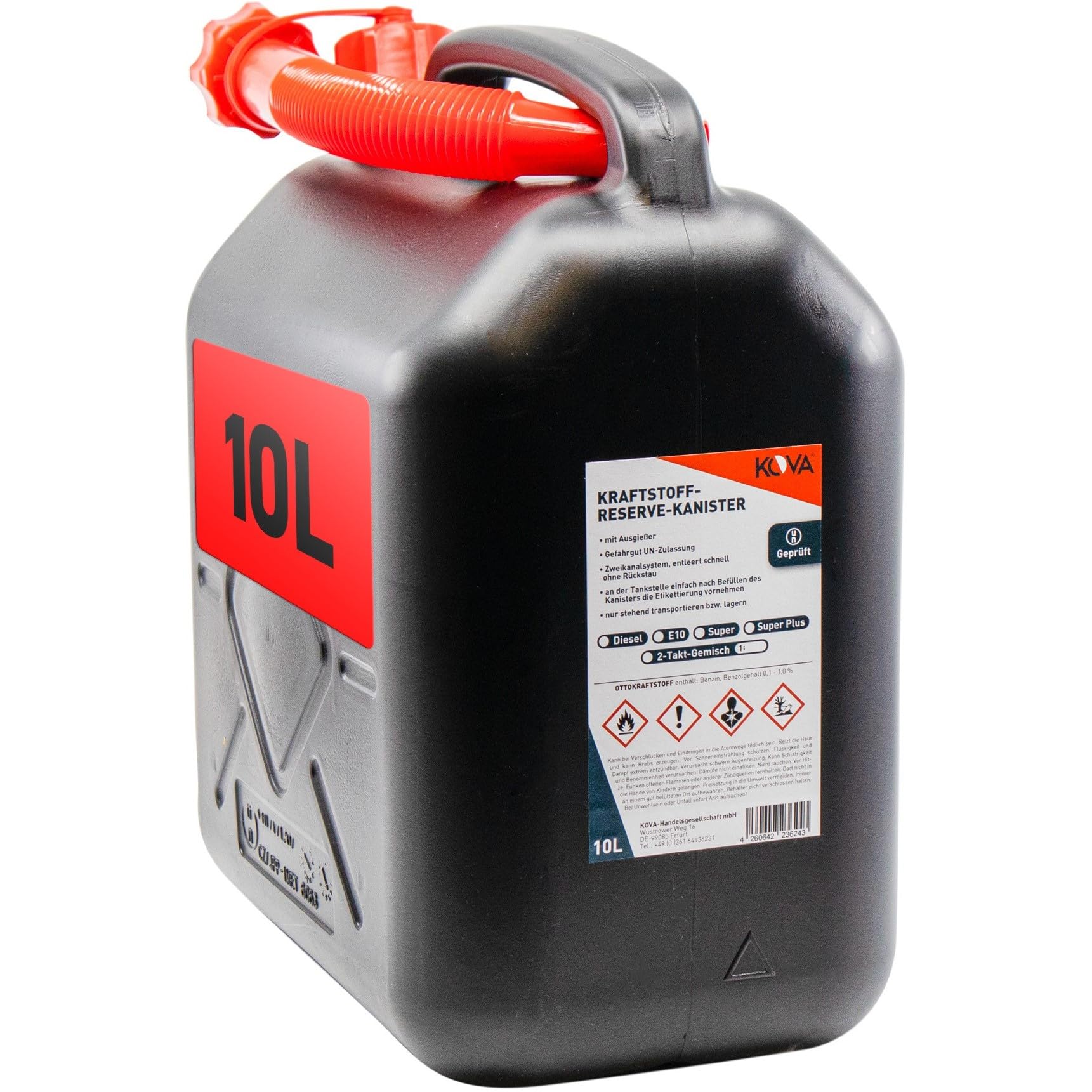 KOVA 12x Benzinkanister 10L SCHWARZ Kunststoff Dieselkanister Reservekanister Kraftstoffkanister 10 Liter Wasserkanister für Benzin Diesel Wasser AdBlue 10-Liter-Kanister & Außgießer 10 ltr Petrol Can