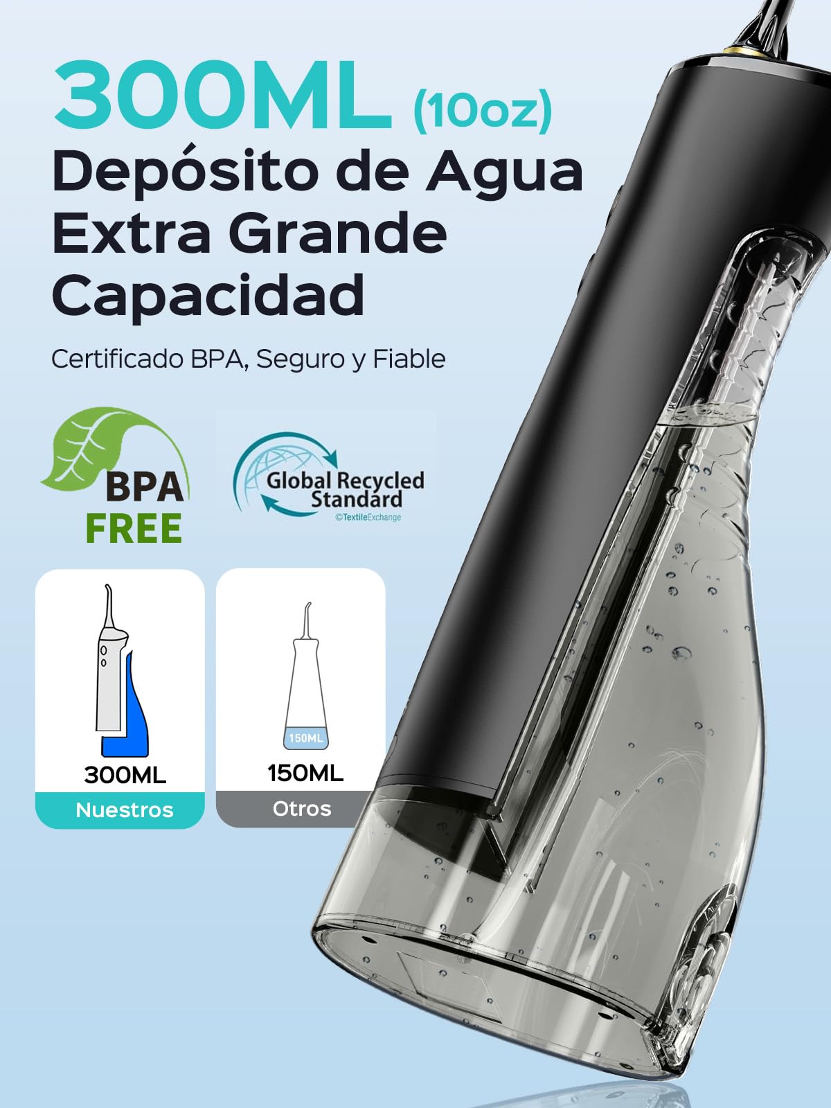COSLUS E40 Irrigador Dental Inalambrico 2026 Upgraded Limpiador Dientes Eléctrico: 10 Niveles de Control Suave 300ML Irrigador Dental Portatil Recargable Irrigador Bucal a Prueba Agua (Negro)