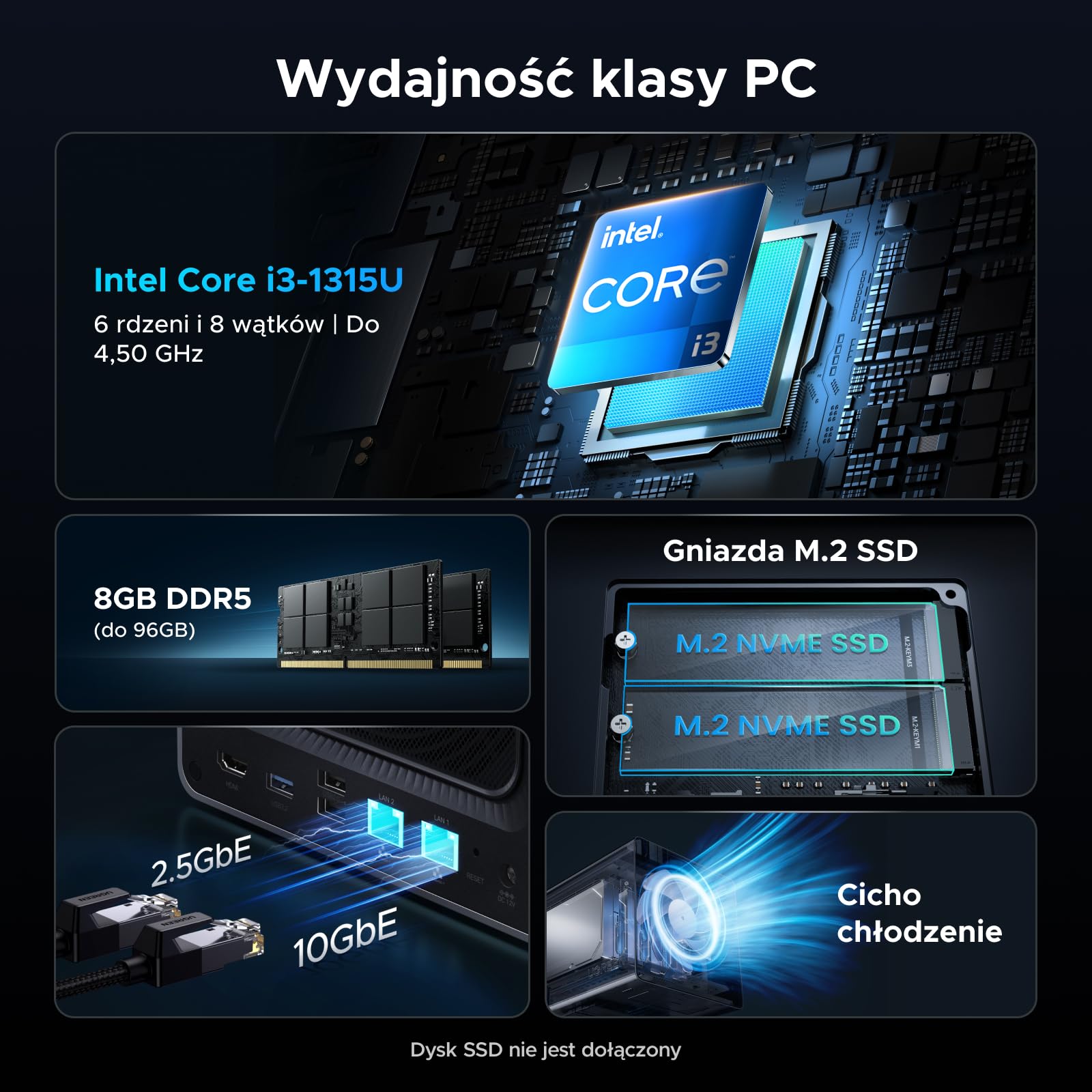 UGREEN NASync DXP4800 Pro NAS Stołowy 4 Gniazda, Procesor Intel i3-1315U 6 Rdzeni, 8GB Pamięć RAM DDR5 do 96GB, 128GB SSD, 1x 10GbE, 1x 2,5GbE, 2x Gniazda M.2 NVMe, HDMI 4K (Bez Dysków)
