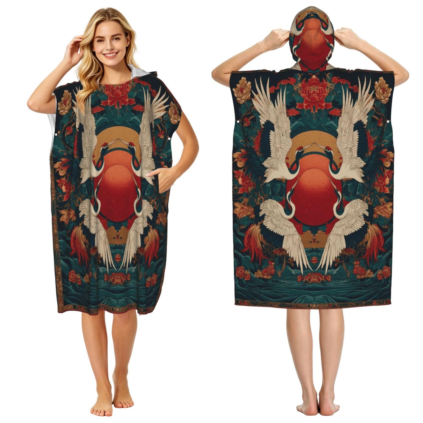 KLGRTJHK Crane Adult Hooded Beach Poncho Towel 43"X35"