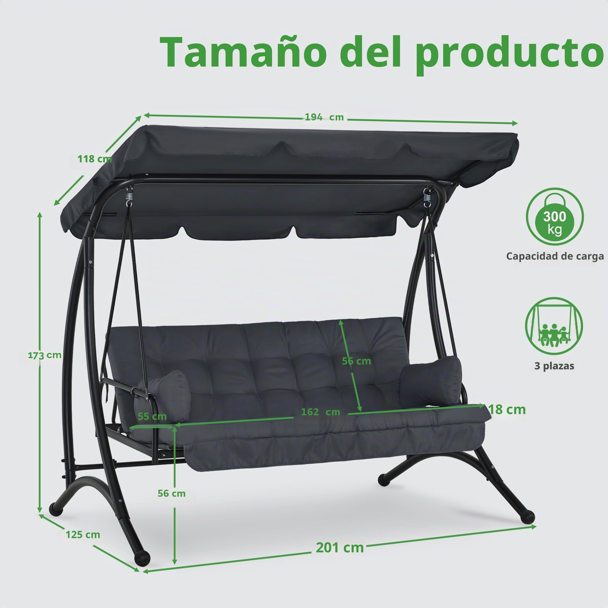 M MCombo columpio de jardín de 3 plazas con función de cama, con cojín extra grueso y toldo parasol, columpio de jardín con capacidad de carga hasta 300 kg, 201x125x173 cm, banco balancín para