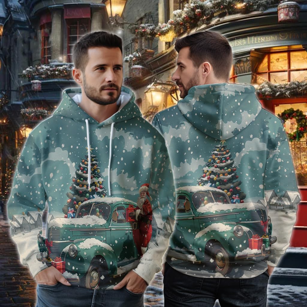 Men's Christmas Fleece Hooded Sweatshirt - 3D Winter Printed Pullover Hoodie Men Women Set 25 - Image 2