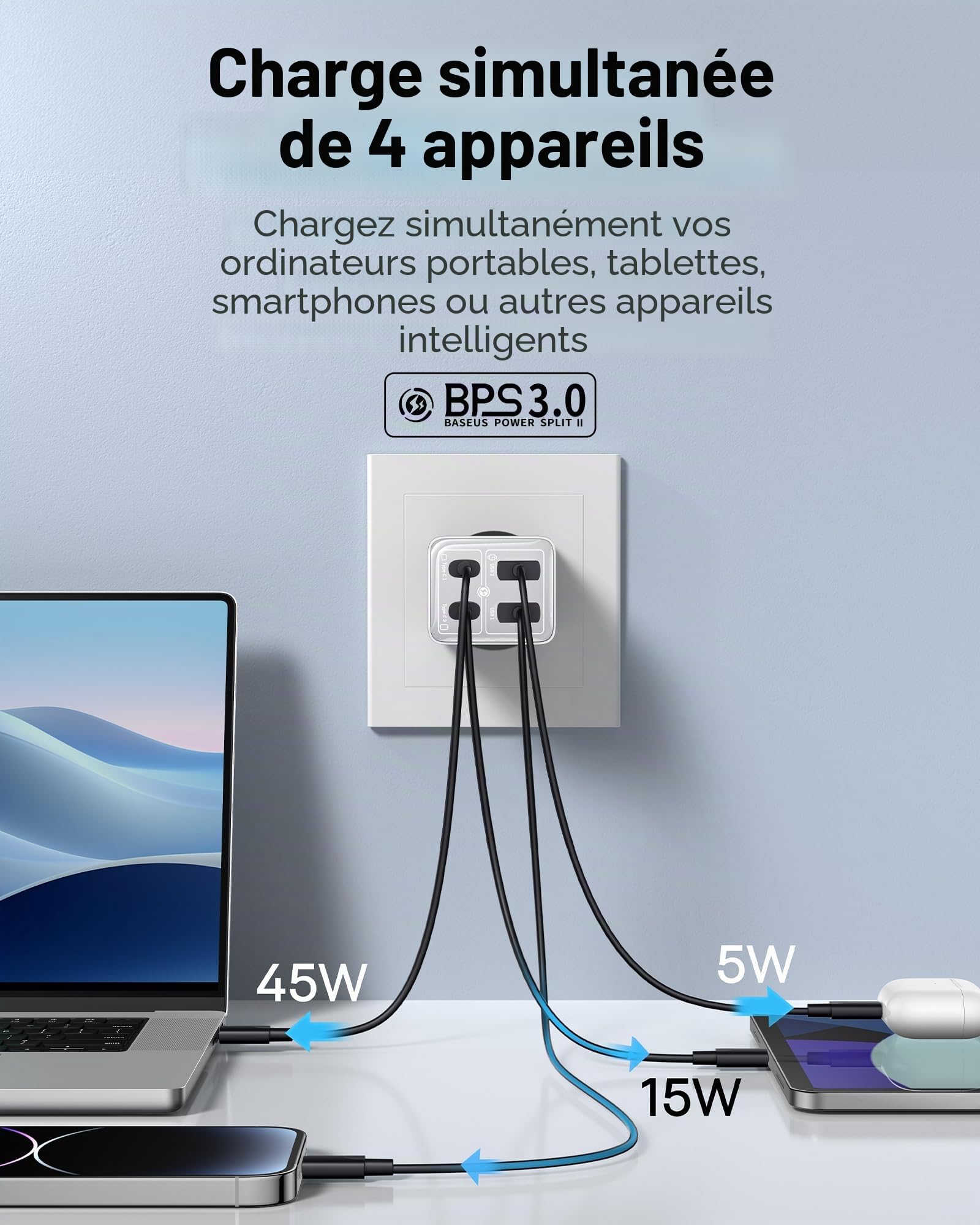 Baseus 65W Chargeur USB C Rapide 4 Ports avec GaN 6 Tech Compatible avec MacBook Pro/Air, Surface, Laptop, iPhone 15-12 séries, Pixel, Galaxy, Blanc