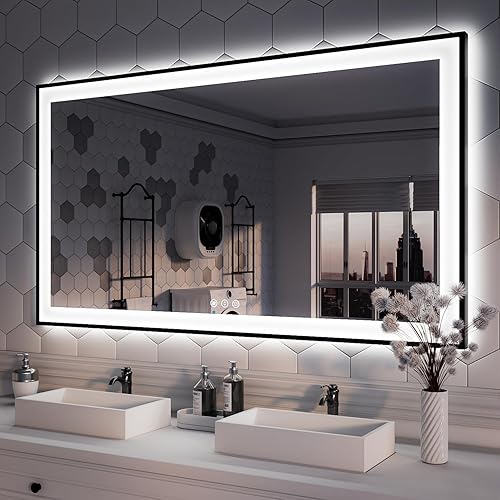 ISKM Espejo de baño con luz LED enmarcada de 55 x 30 pulgadas, espejo de pared antivaho con luz LED grande, ajustable, vidrio templado,