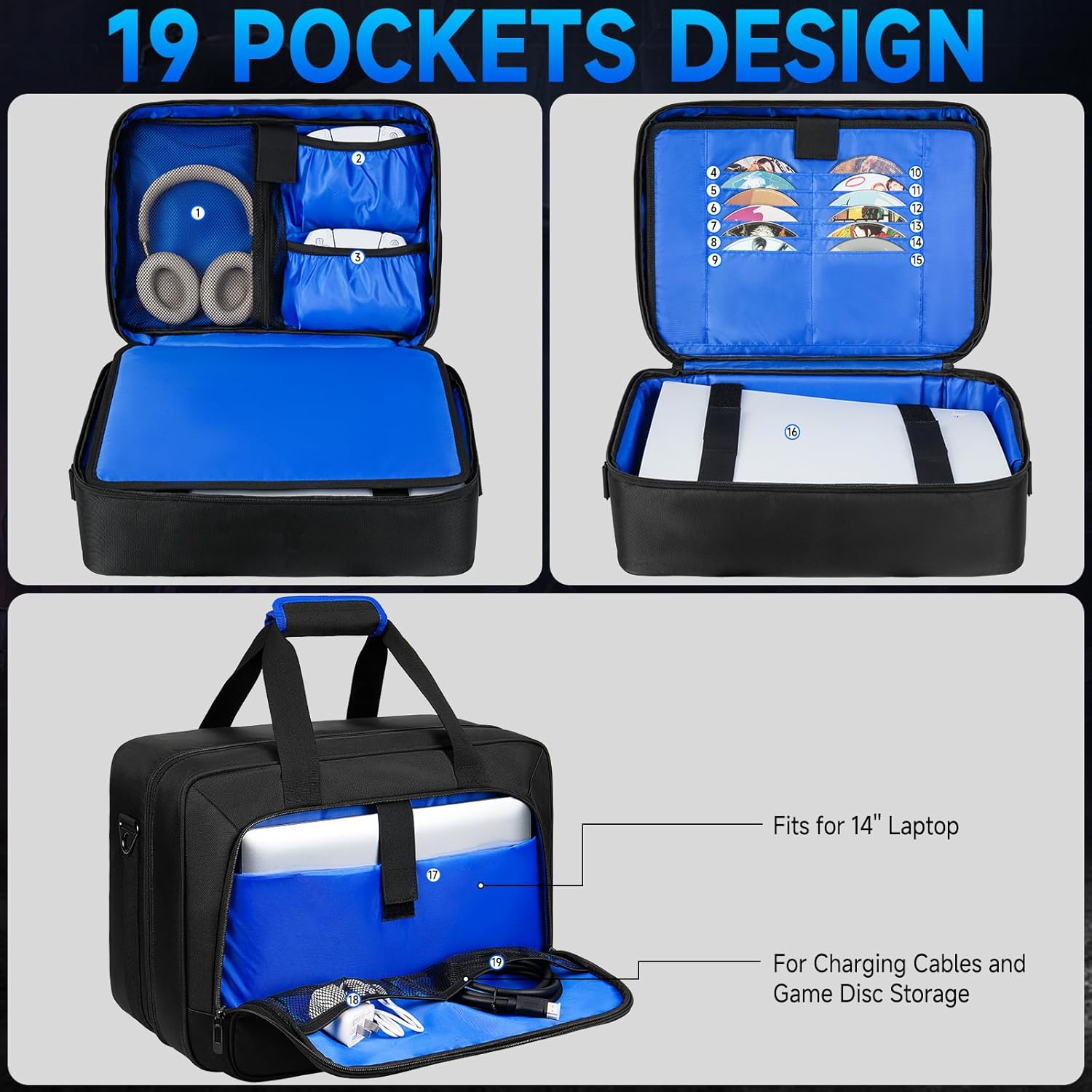 Carrying Case for PS5 PRO/PS5/PS5 Slim, Travel Protective Bag Fits for Playstation 5 Console, Controllers, Game Discs & Gaming Accessories, Black&Blue - Image 3
