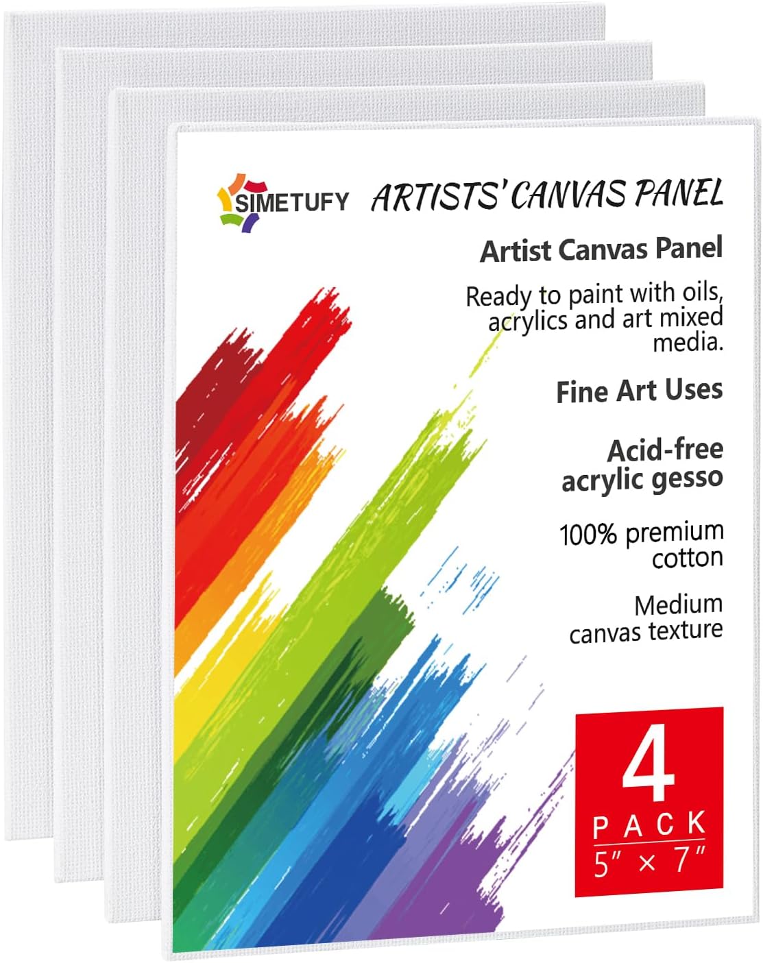 Simetufy 4 Pack 5x7 Inch Canvas Boards for Painting, Blank Canvases Panels, Gesso Primed Acid-Free 100% Cotton for Acrylics Oil Watercolor Tempera Paint