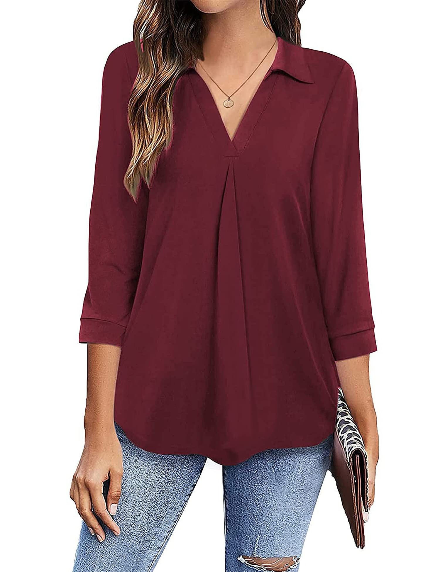 HANERDUN Blusas Mujer Elegantes Camiseta de Manga 3/4 V T Shirt con Cuello Verano Top Túnica